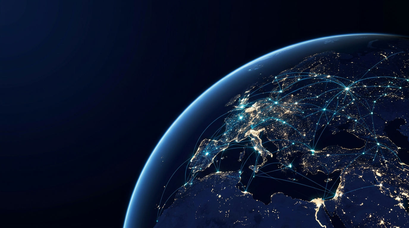 Earth at night with glowing blue network lines connecting cities across continents