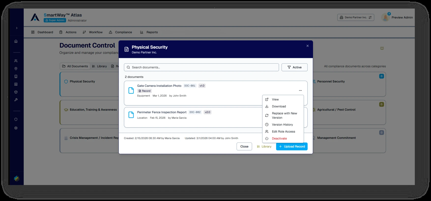 Document actions menu in Atlas showing version and document management options.